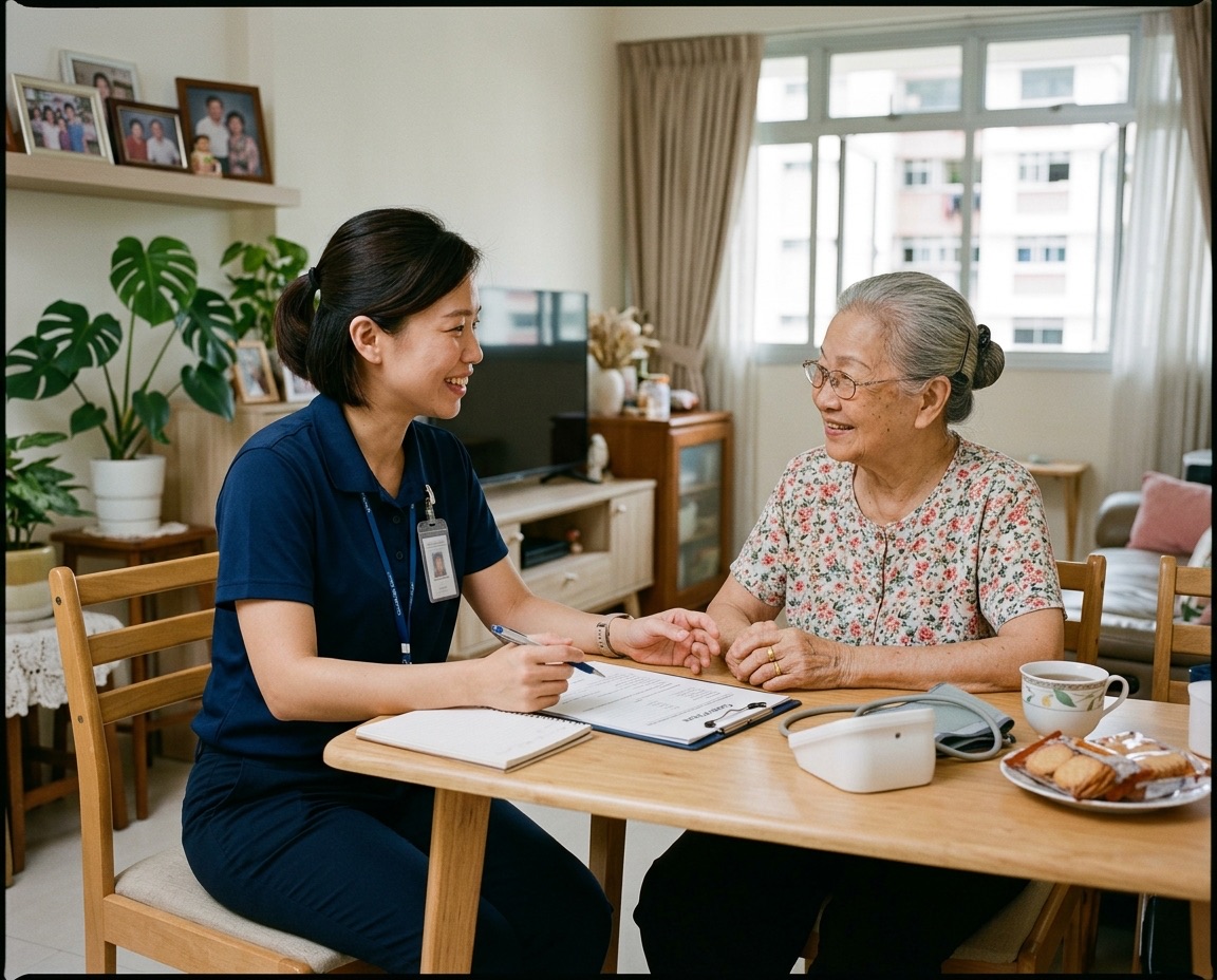 A CareMed Asia Care Manager chatting with an elderly woman at her dining table at home