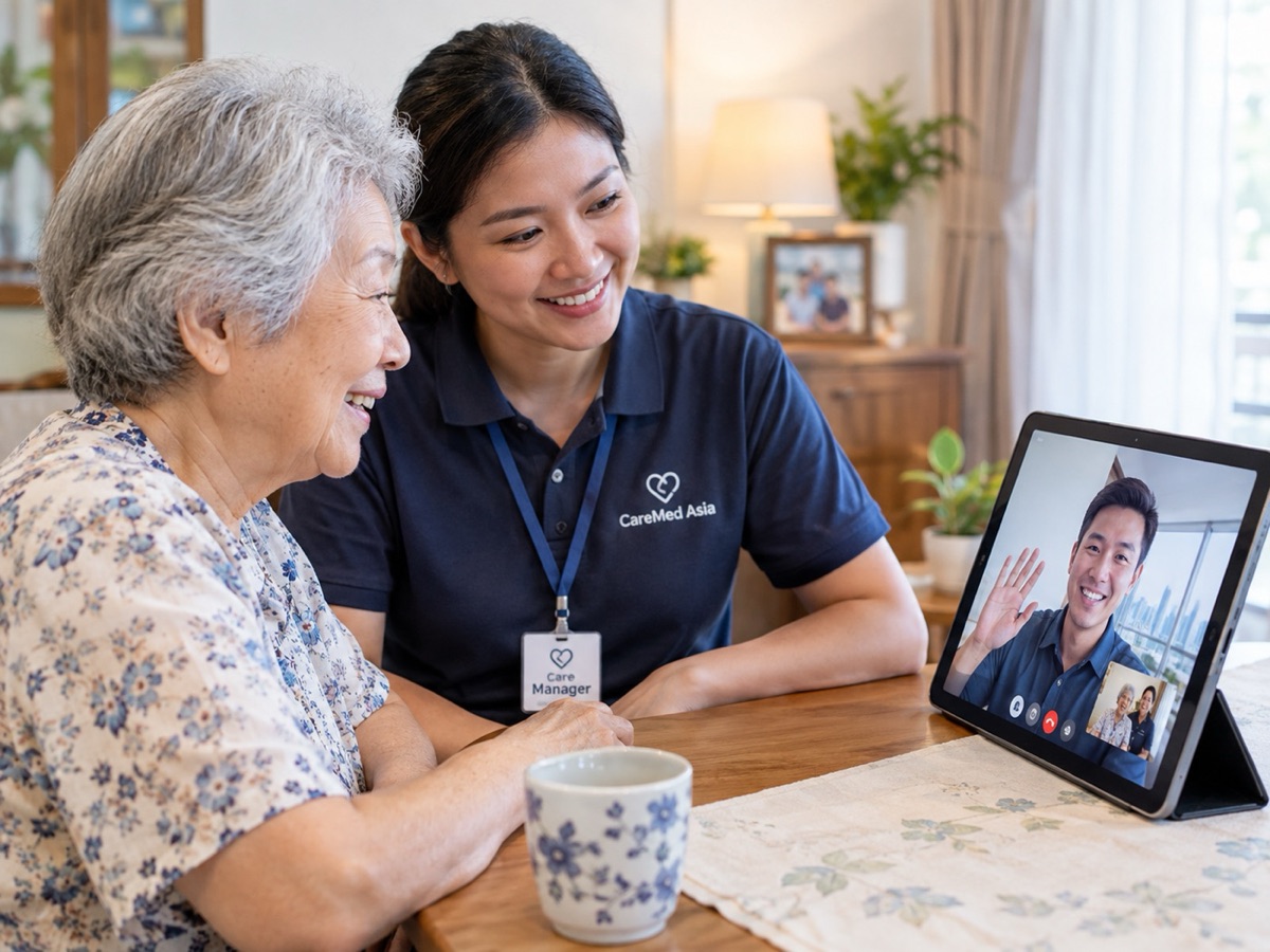 An elderly woman on a video call with her son overseas, with her CareMed Asia Care Manager beside her